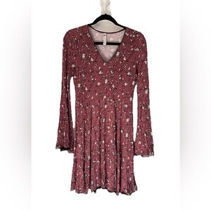 American Rag Maroon Prairie whimsy Goth Mini Dress Med Cottage Boho Bell Sleeve